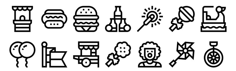 Set of 14 amusement park thin line icons: ticket office, balloons, hot dog, flag, food cart, bottle throw, cotton candy, clown, unicycle, pedal boat, pinwheel, lollipop, sparkler © Nijat