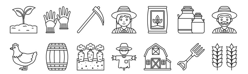 Set of 14 agriculture thin line icons including plant, chicken, gloves, wine barrel, carrot, farmer, scarecrow, barn in outline vector style © Nijat