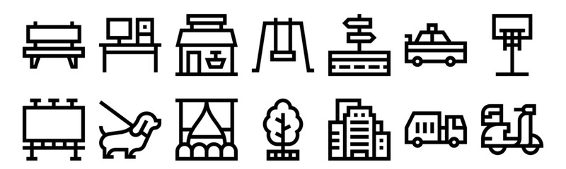 Set of 14 city life thin line icons: bench, billboard, office, pet, movie, swing, building, scooter, basketball, police car, garbage truck. Urban lifestyle vector collection © Nijat