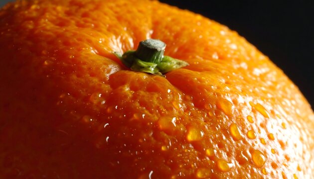 Close up of a moist, bumpy, textured orange peel with a green stem against a dark backdrop