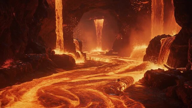 Fiery molten lava flowing inside a volcanic cave with glowing waterfalls and intense heat
