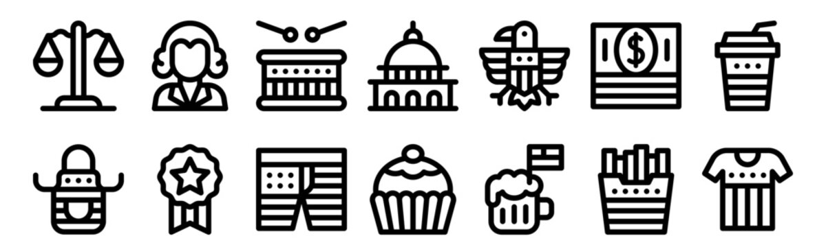 Set of 14 4th of July thin line icons including patriotic symbols, American celebrations, food, clothing, capitol building and festive elements in editable outline vector format