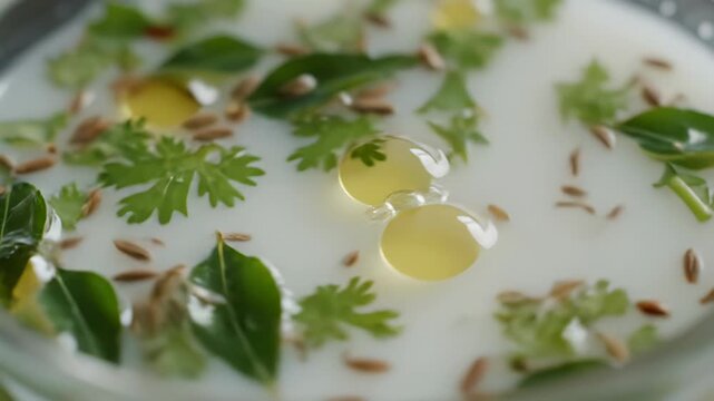 Pouring Seasoning Oil into White Liquid Base with Cilantro Cumin Seeds and Curry Leaves Close Up Food Preparation Details Natural Lighting