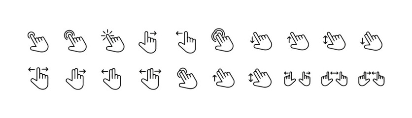 Collection of hand gesture icons for touch screen interaction gestures for digital devices