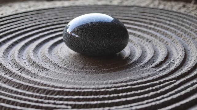 A polished black pebble rests at the center of raked sand, encircled by precise concentric grooves; soft light glints on its glossy surface as the camera lingers in a calm, meditative close-up.