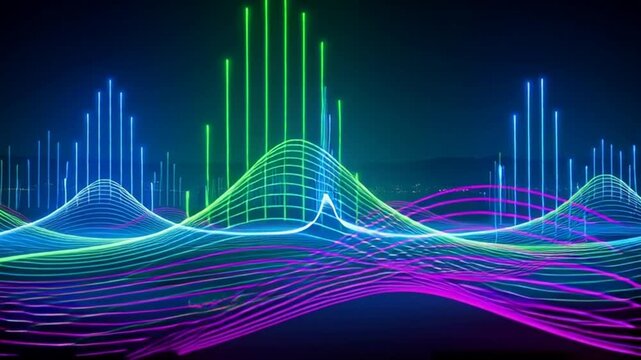 Abstract Digital Sound Waveform Visualization with Neon Lines and Gradients