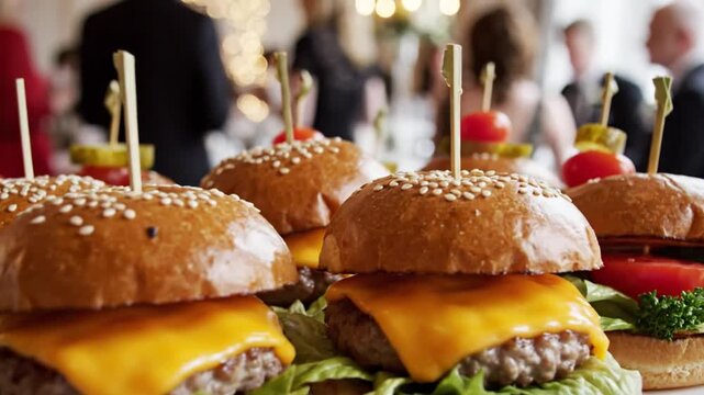 Delicious mini cheeseburger sliders at a party event