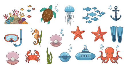 Collection of Cartoon Marine Life and Underwater Objects. © swee