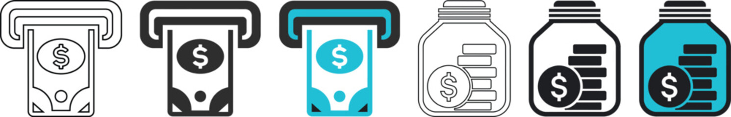Obraz premium Financial ATM Cash Withdrawal and Money Savings Jar Vector Icon Set for Business and Finance UI