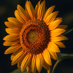 Fototapeta premium Sunlit Glory: Close-Up Sunflower in Full Bloom Golden Harvest: radiant sunflower against a dark backdrop Helios in Bloom: Detailed Sunflower Portrait