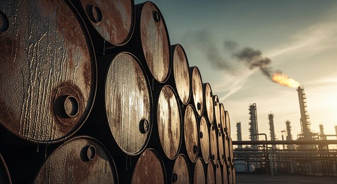 Stack of rusty oil barrels in front of an industrial oil refinery with a flare stack burning gas