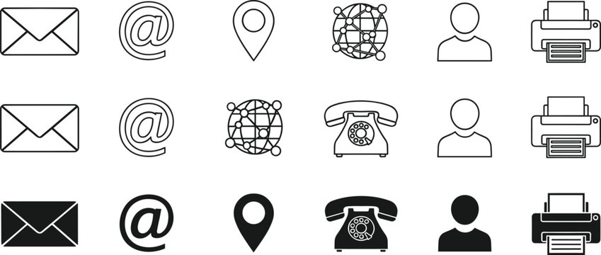 Set of business contact icons including email envelope, at symbol, location pin, global network, user profile, rotary telephone, and office printer.