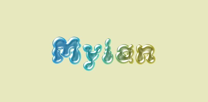Mylan name. Mylan typography. Funny Childish typography. Famous boys name. Glossy 3D Balloon Typography of the Name Miles in Metallic Colors.