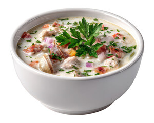 Hearty New England Clam Chowder in White Bowl Isolated