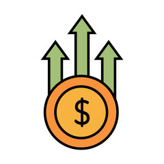 Obraz premium Dollar sign icons with upward arrows, symbolizing increasing value and rising prices in flat outline style. Isolated on white background. Editable color and vector.