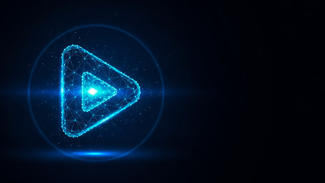 High-tech 3D-rendered neon blue delta icon emitting bright light rays, symbolizing innovation, data, or technology in a dark space.