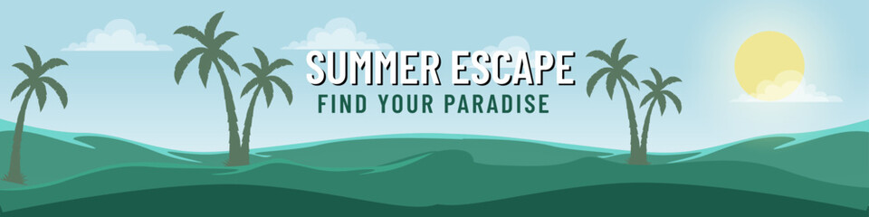 Obraz premium Tropical summer escape with palm trees, rolling green hills, a bright sun, and the text 'SUMMER ESCAPE FIND YOUR PARADISE'.