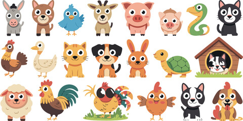 Fototapeta premium Cute Farm and Pet Animals Collection Featuring Different Species Cartoon Kids Animal Vector Illustration Set