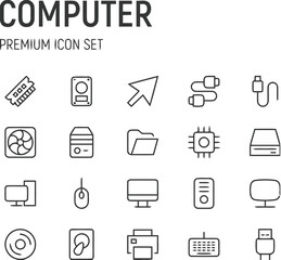 Computer icon set for technology and digital devices including hardware, software, and connectivity elements