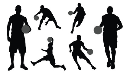 Dynamic silhouettes of basketball players in action, dribbling, shooting, and jumping, sports recreation © Taniya