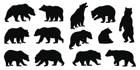 Group of black bear silhouettes in various poses on white background vector graphics © Yshha