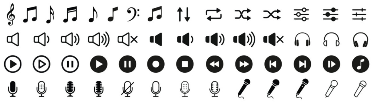 Comprehensive music and audio control icons for media players and applications