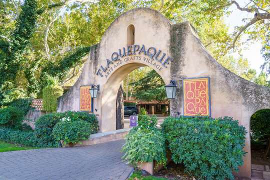 Sedona, Arizona - October 15, 2025: Tlaquepaque Arts and Crafts Village in the fall, Popular Sedona tourist attraction