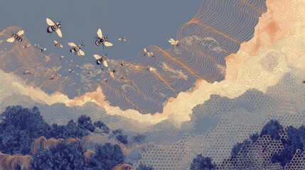Ornamental Honey Bee Flight Over Stylized Mountain Landscape with Flowing Contour Sky in Art Nouveau Vector Poster Design