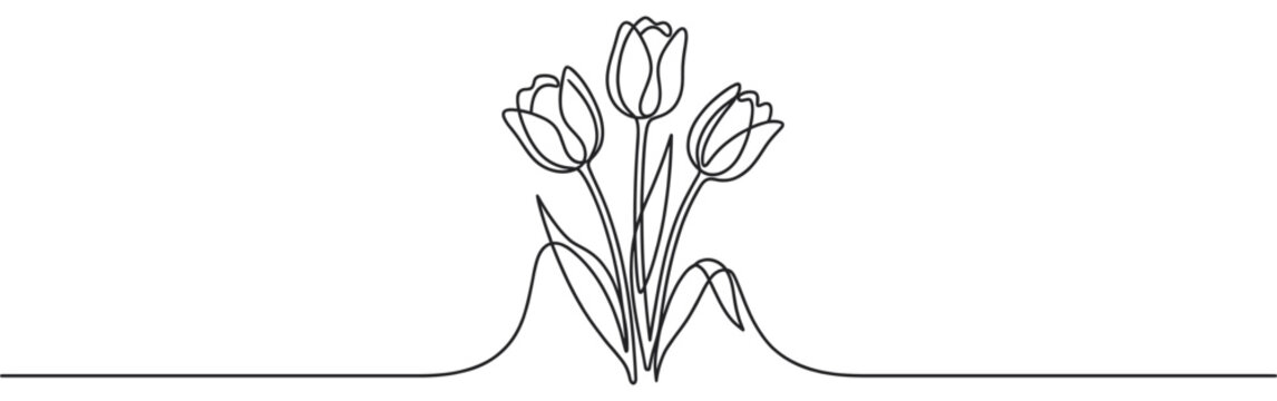 Three tulip flowers continuous line art drawing a beautiful minimalist floral design perfect for spring and nature concepts.