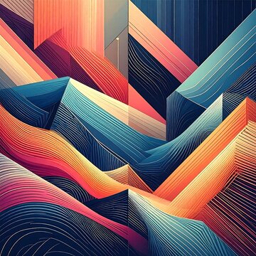 Angular abstraction with layered, vibrant parallel lines, evoking depth and a geometric landscape