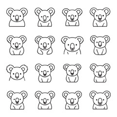 Naklejka premium Set of Cute Koala Icons Simple Line Art Various Expressions Isolated on White Background