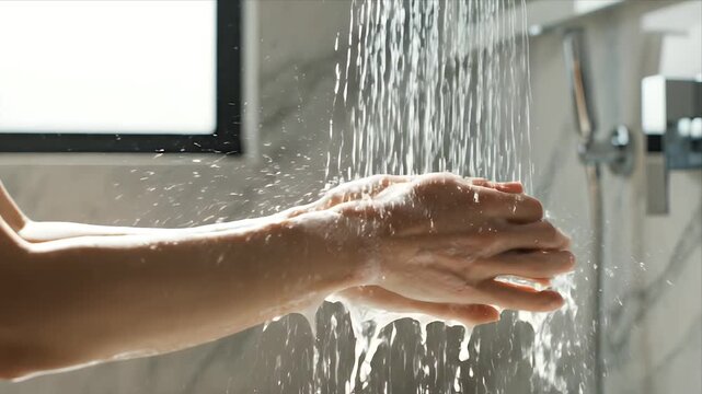 Close Up of Adult Female Forearms and Hands Rinsed Under Running Water in a Modern Bathroom with Marble Tiles and