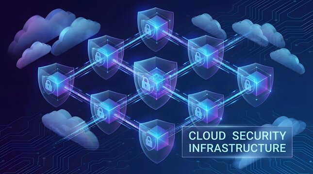 Cloud security infrastructure visualization featuring encrypted data nodes, secure connections, and cybersecurity protection in modern digital network environment.
