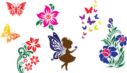 Fototapeta premium Flowers and Butterflies Vector Illustration for Decoration and Craft, Butterflies, and Fairy, Colorful Butterfly and Floral Vector