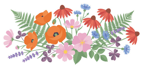 Beautiful colorful wild flower bouquet illustration features a vibrant collection of blooming plants and fresh green foliage.