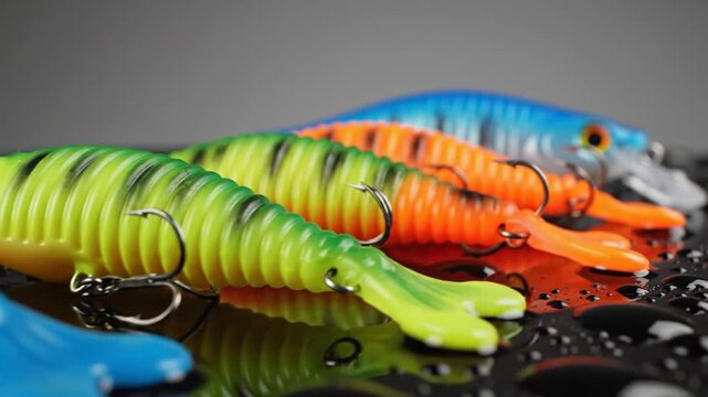 Colorful fishing lures with hooks on wet dark surface