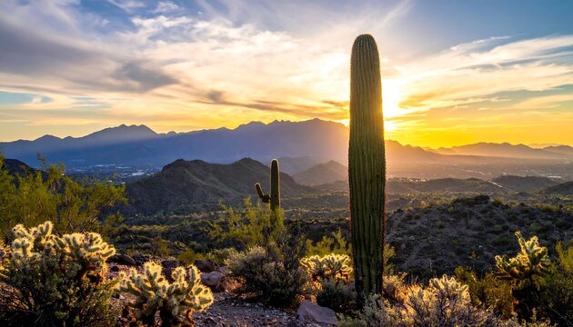 Desert sunset tall saguaro cactus in foreground, mountains & sky ablaze with color beyond