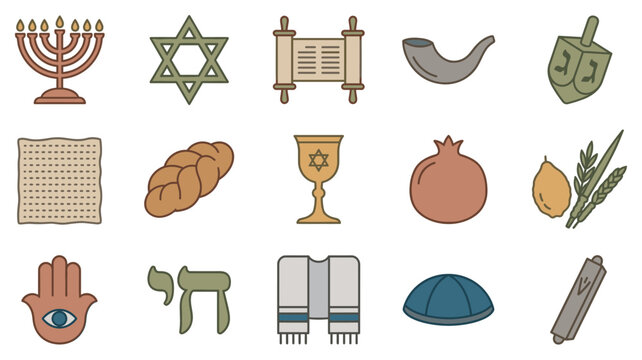 Jewish religious symbols and holiday icons collection representing various traditions and cultural elements in a modern flat design style.