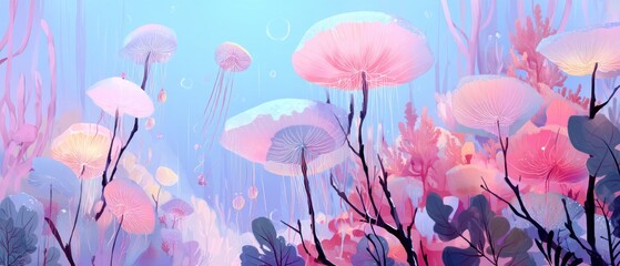 Abstract illustration of stylized trees with pink and purple foliage