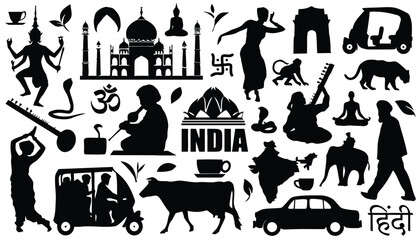 Indian cultural symbols and landmarks diverse vector silhouette collection © Tabassum
