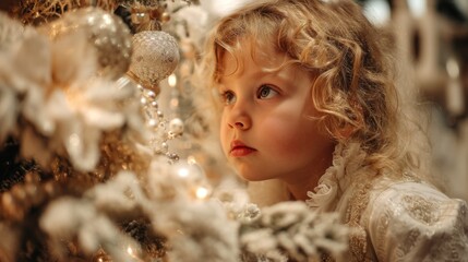 Fototapeta premium Young child gazing with wonder at festive decorations and sparkling lights