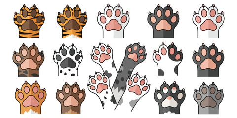 Cute Cat Paw Print Vector Illustration Set  Colorful Animal Paw Stickers with Patterns (Leopard, Tiger, Calico)  Hand Drawn Kitten Footprint and Claw Clip Art  Seamless Pattern of Animal Paws for Stic © Halima