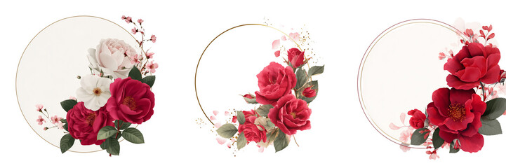Set of A luxurious red rose with delicate gold line accents, framed in a hexagonal floral watercolor design on transparent png background. Ai generated