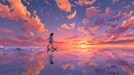 Fototapeta premium Girl on skateboard silhouette against dreamy sunset sky reflection