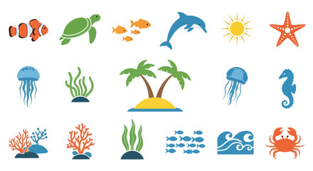 Colorful Collection of Marine Life and Tropical Island Icons. © Market
