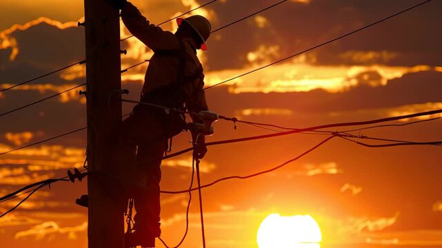 Lineman silhouette working on power pole at sunset