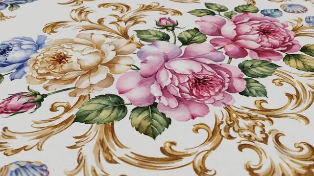 Elegant floral pattern with roses, gold scrolls and seashells on white