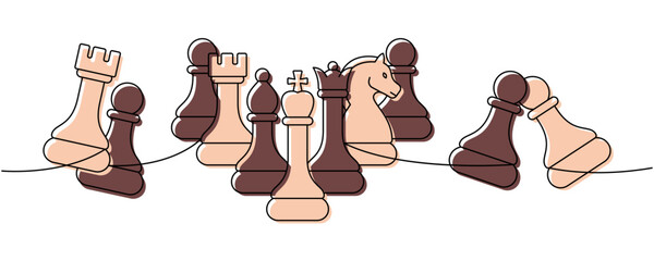 Linear minimalist outline of multiple chess pieces in a full formation on a line, abstract contour art of strategy © Lifeking