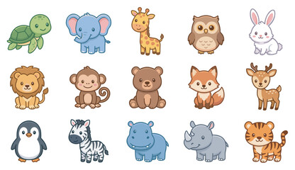 Fototapeta premium Cute cartoon baby animals collection featuring various adorable wildlife creatures perfect for children's designs, educational materials, and playful themes.