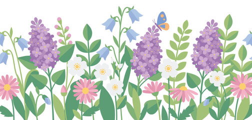 Obraz premium Colorful spring garden flowers and green plants create a beautiful, vibrant horizontal border with a charming butterfly.